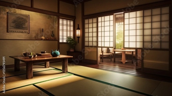 Fototapeta Serene Japanese Room with Tatami Mats Tea Table and Shoji Screens Providing Ambient Light