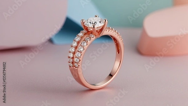 Fototapeta Elegant rose gold wedding ring featuring a sparkling diamond, positioned on a soft pastel pink and blue background with geometric shapes.