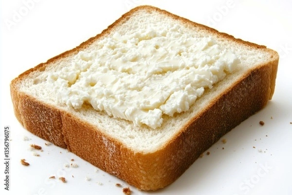 Fototapeta Slice of bread with creamy cheese spread on top on a white background in close up view for breakfast