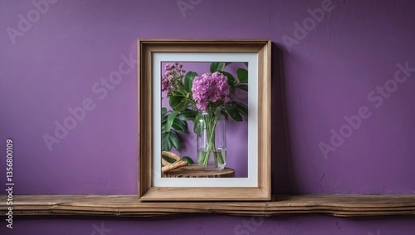 Fototapeta Wooden picture frame on a shelf against a purple wall showcasing a floral arrangement in a vase with leaves and blurred background.