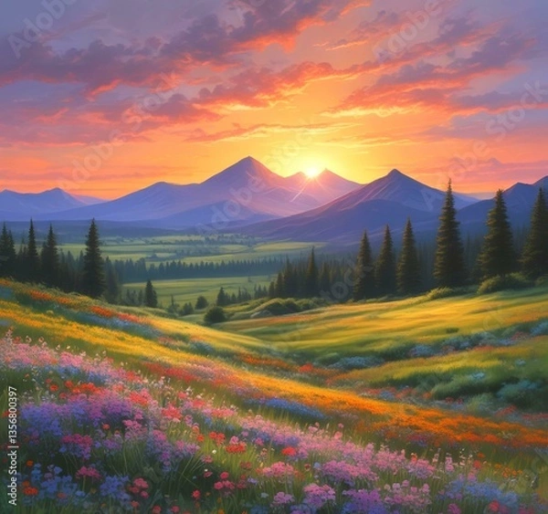 Fototapeta Illustration of spring landscape with field and flowers.