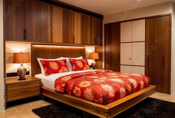 Fototapeta Modern Wooden Bedroom with Red Accent Wall and Built-in Storage

