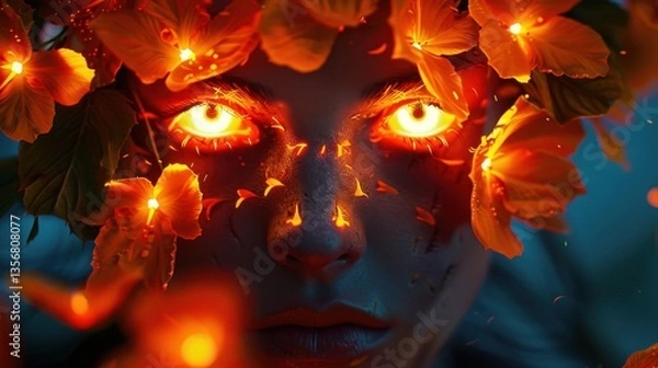 Fototapeta Enigmatic Woman with Ethereal Eyes, a mystical portrait where vibrant flower petals emerge from her skin, enveloped in muted tones with striking color contrasts.