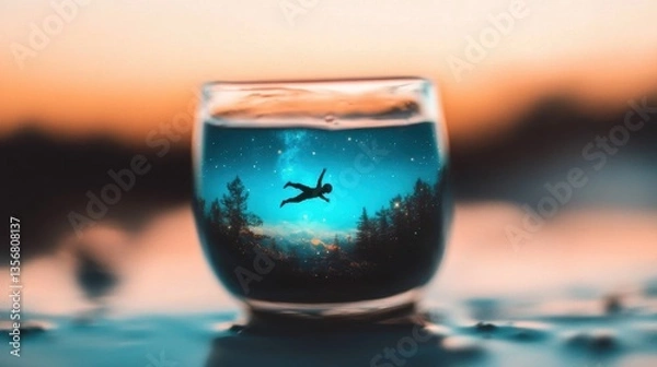 Fototapeta Galactic Dive into Coffee, a whimsical scene of an individual plunging into a giant coffee cup, revealing a vibrant galaxy swirling within, blending humor and surrealism.