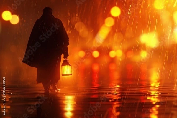Fototapeta Solitude in the Stillness, a lone figure with a lantern traverses a flooded city street under the night sky, surrounded by reflective water and an aura of deep melancholy.