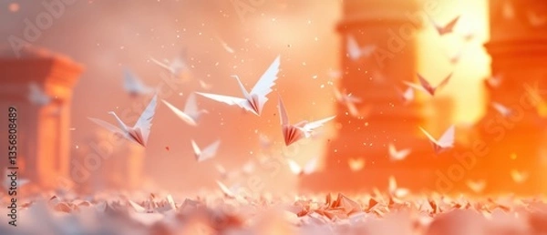 Fototapeta Whirlwind of Paper Cranes Amidst Ruined Sanctuary, delicate hues intertwine with dynamic movement, encapsulating the beauty of fragility and transience in a sacred space
