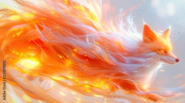 Fototapeta Mythical Nine-Tailed Fox, a vibrant depiction of a fox with swirling tails, trailing fire, showcasing dynamic movement and rich mythological themes.