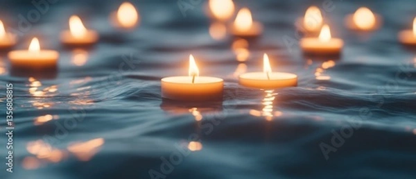 Fototapeta Ethereal Candle Tower, a mesmerizing structure of glowing candles adrift on the ocean, illuminating the night, each flame symbolizing a cherished soul's essence.
