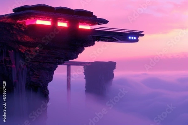 Fototapeta Vertical Futuristic Cityscape, a sprawling metropolis embedded in a mountain cliff, illuminated by neon lights, interconnected by skybridges, evokes a captivating sci-fi dystopian atmosphere