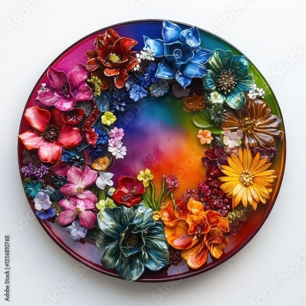 Obraz Colorful Floral Resin Art: A Vibrant Circular Arrangement of Flowers on a Rainbow Gradient Background