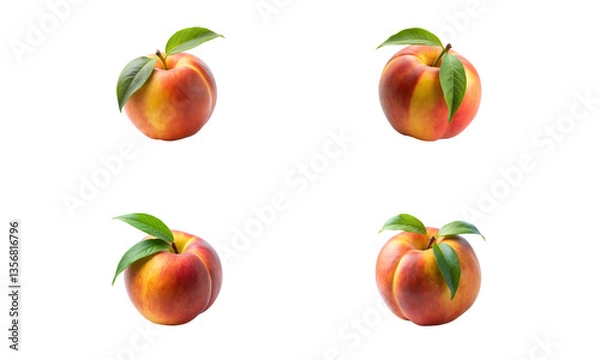 Fototapeta Peach fruit isolated, Fruits collection, Collection set of cut peach fruits and leaves isolated