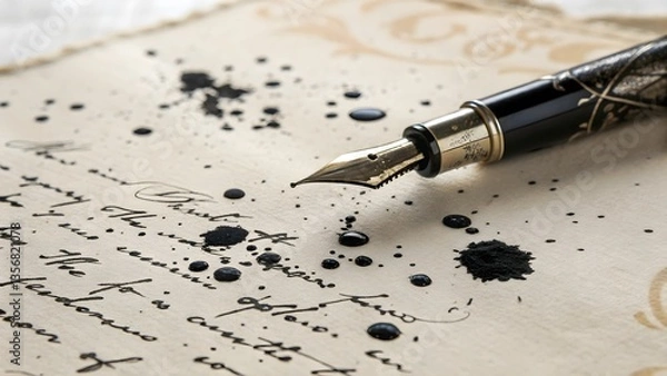 Fototapeta Ink-stained Elegance: A close-up view of an antique fountain pen resting atop a parchment page, adorned with ink splatters and elegant handwritten script.