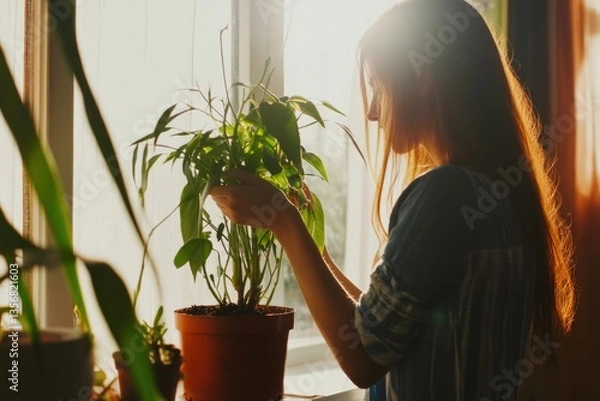 Obraz Sunlight streams through window as woman gently tends to plant,