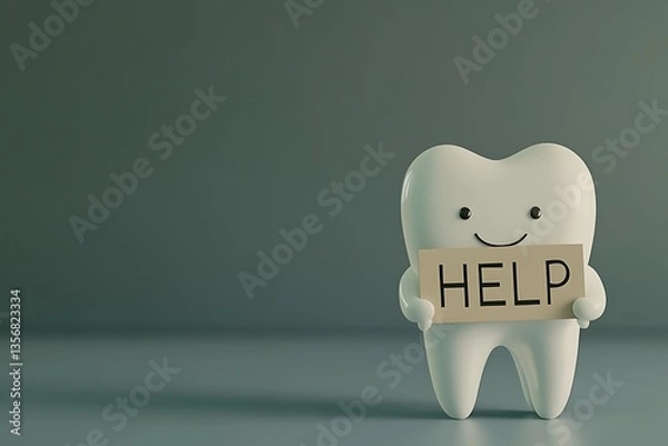 Obraz Smiling tooth holding a help sign, dental care concept