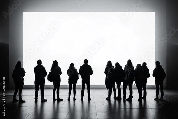 Obraz Silhouette of a group of people looking at a large white screen, Large white screen mockup