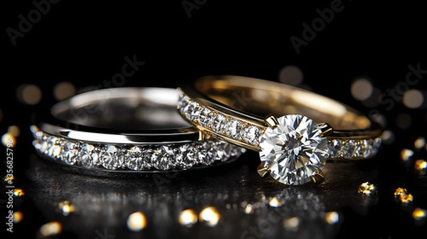 Fototapeta Rings of Radiance: A captivating view of two luxurious rings, the focal point being a radiant engagement ring with a dazzling diamond, set against a dramatic backdrop.