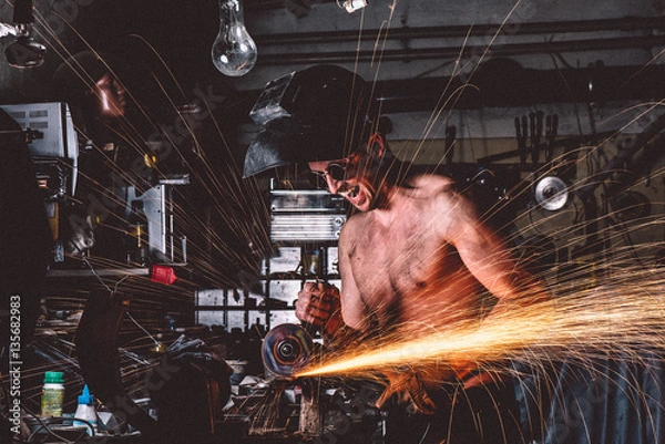 Obraz Man working hard, naked torso, heavy industry.