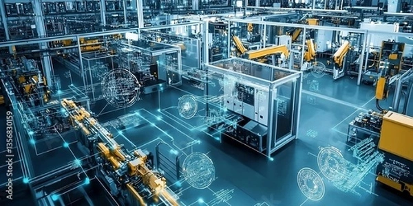Fototapeta industry 4.0, Factory Industrial Engineer working with automation robot arms machine in intelligent factory, AI digital illustration