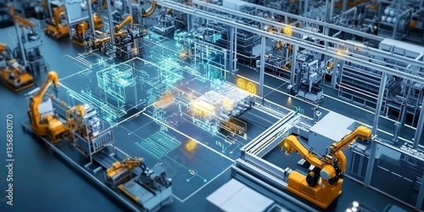 Fototapeta industry 4.0, Factory Industrial Engineer working with automation robot arms machine in intelligent factory, Generative AI Art Illustration