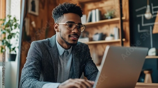 Fototapeta Candidate Practicing for Virtual Interview with Laptop