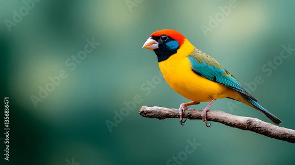 Fototapeta Closeup of a colorful Gouldian finch (Chloebia gouldiae) standing on the narrow branch