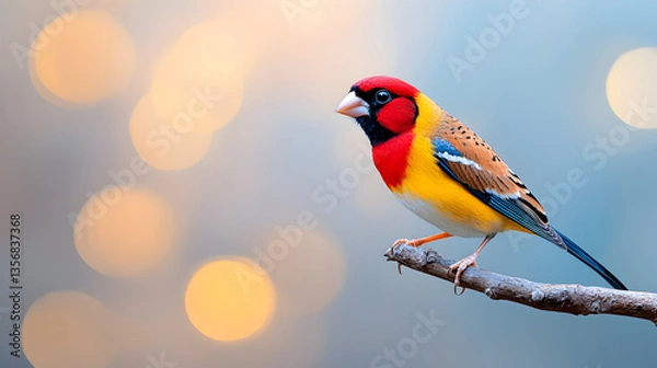 Fototapeta Closeup of a colorful Gouldian finch (Chloebia gouldiae) standing on the narrow branch