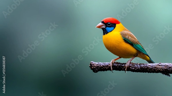 Fototapeta Closeup of a colorful Gouldian finch (Chloebia gouldiae) standing on the narrow branch