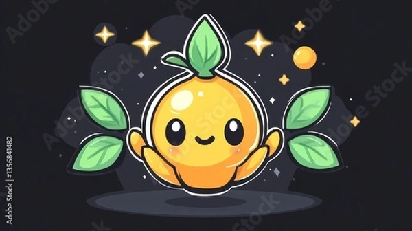 Fototapeta Adorable Lemon Character Design: A Cute and Cheerful Illustration of a Smiling Lemon with Leaves, Stars, and a Dark Background.