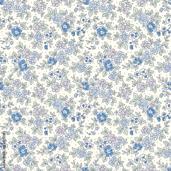 Obraz Cute floral background. Floral pattern with small monochrome blue flowers on a white background. Seamless pattern for design and fashion prints. Ditsy style. Stock vector illustration.