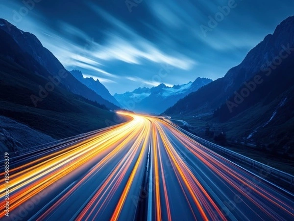 Fototapeta Dynamic highway at twilight with blurred car lights cutting through the mountain landscape in a long exposure shot for travel and adventure