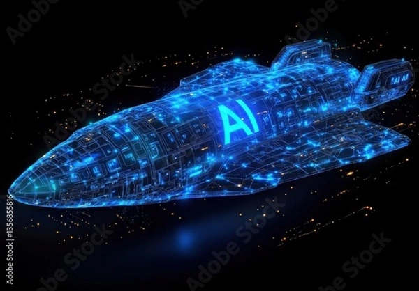 Fototapeta A blue space ship with the word AI on it