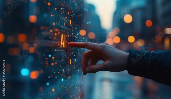 Fototapeta A hand pointing at the word AI on a computer screen