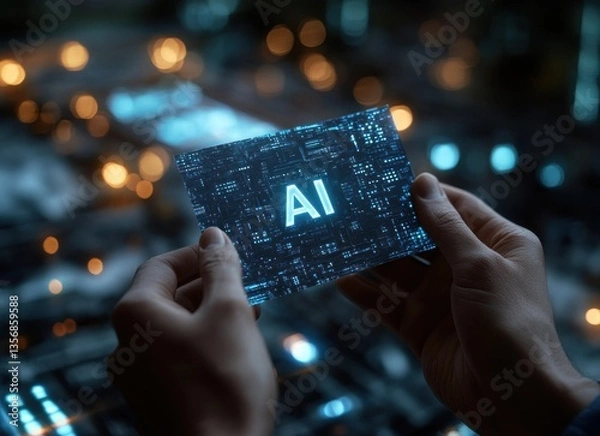Fototapeta A hand holding a card with the word AI on it