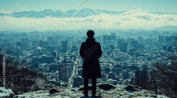 Fototapeta A man stands on a snowy mountain overlooking a city