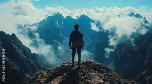 Fototapeta A man stands on a mountain top, looking out over the landscape