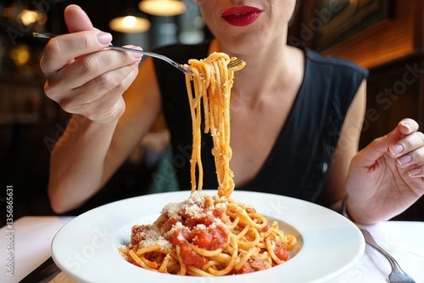 Fototapeta A woman is eating spaghetti with a fork
