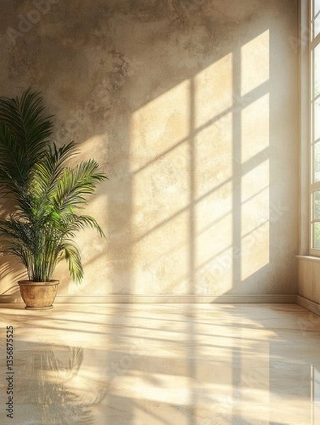 Fototapeta Serene interior bathed in sunlight with potted palm casting shadows on textured wall and marble floor creating a peaceful ambiance