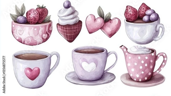 Fototapeta Adorable bubbly anime-style tea set sticker elements with heart-shaped treats, strawberry cups, and polka-dotted teapot design