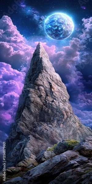 Fototapeta Twilight Mountains with Jagged Peaks Beneath a Large Otherworldly Moon Illuminating the Violet Sky in the Evening