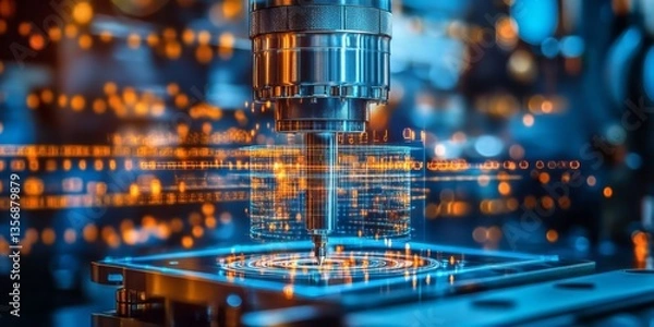 Fototapeta Cnc milling machine precision cutting with holographic projection interface