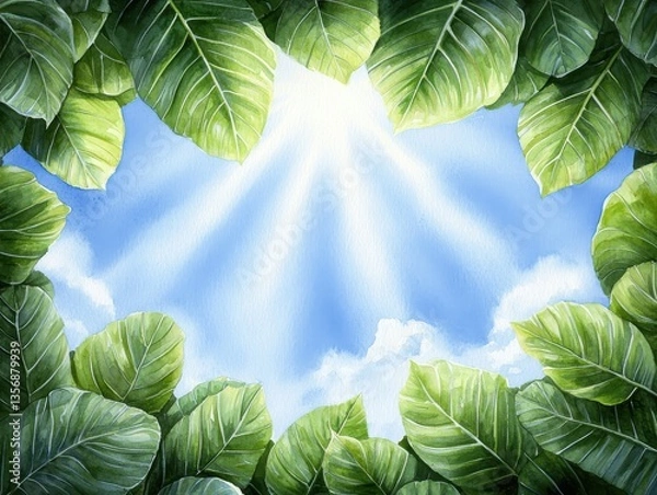 Fototapeta Beneath a Canopy of Emerald Leaves, Golden Sunlight Bursts Through Clouds Creating a Luminous Nature Scene Today