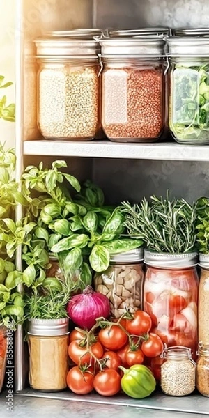 Fototapeta Vibrant and Colorful Kitchen Scene with Meal Prep Featu Fresh Vegetables, Grains, and Legumes in Glass Jars on Shelf