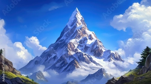 Fototapeta Breathtaking alpine scenery with snow-capped mountains under a vibrant blue sky adorned with swirling clouds and nature's beauty