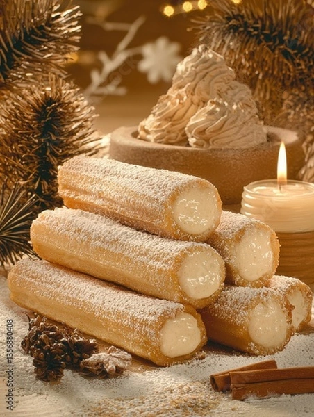 Fototapeta Gourmet churros filled with creamy custard and dusted with powdered sugar served alongside a bowl of delicious sauce