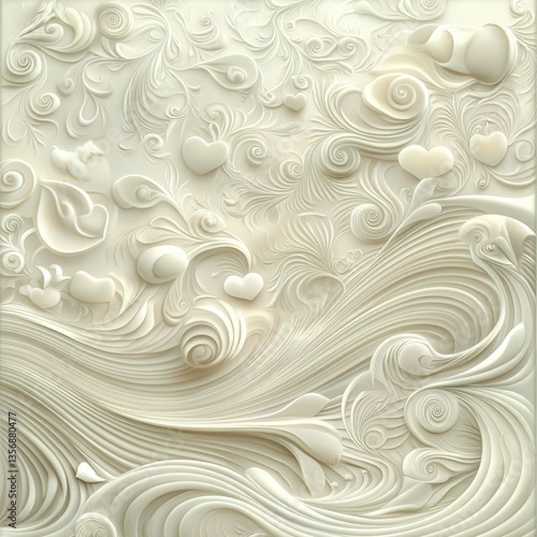 Fototapeta A serene swirling cream-colored relief pattern with delicate thin-line icons of hearts flowers and flowing waves design art