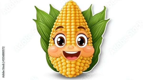 Fototapeta Cheerful cartoon corn on the cob character with a happy face, great for cute corn dog sticker design and illustrations