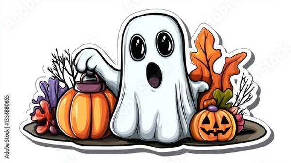 Fototapeta Adorable anime ghost sticker design with jack-o'-lantern bucket in autumn leaves and pumpkins, ideal for Halloween decor ideas