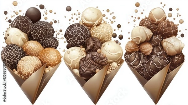 Fototapeta Three Illustrations of Ice Cream Nachos Stickers Featu Cone Filled with Textured Chocolate and Cream Ice Cream