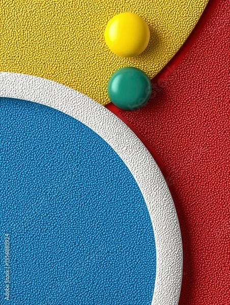 Fototapeta Bold textured circles in vibrant yellow, red, blue, and a small teal yellow sphere highlighting 2025 poster design concept
