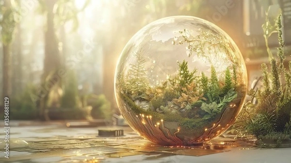 Fototapeta Luminous crystal globe biodome on a vibrant technological base, showcasing a thriving miniature ecosystem inside it, glowing beautifully